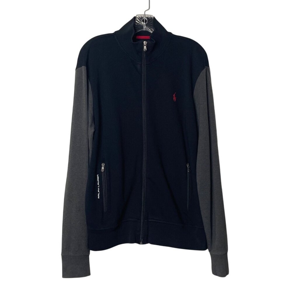 Ralph Lauren Jacket Men's M Full-Zip Black with Gray Sleeves Cotton Red Logo